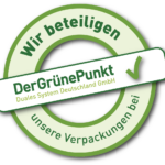 Mit diesem Logo möchten wir zeigen, dass wir Kunde bei Der Grüne Punkt – Duales System Deutschland GmbH sind und unsere Verkaufsverpackungen für Deutschland am dualen System Der Grüne Punkt beteiligen.
